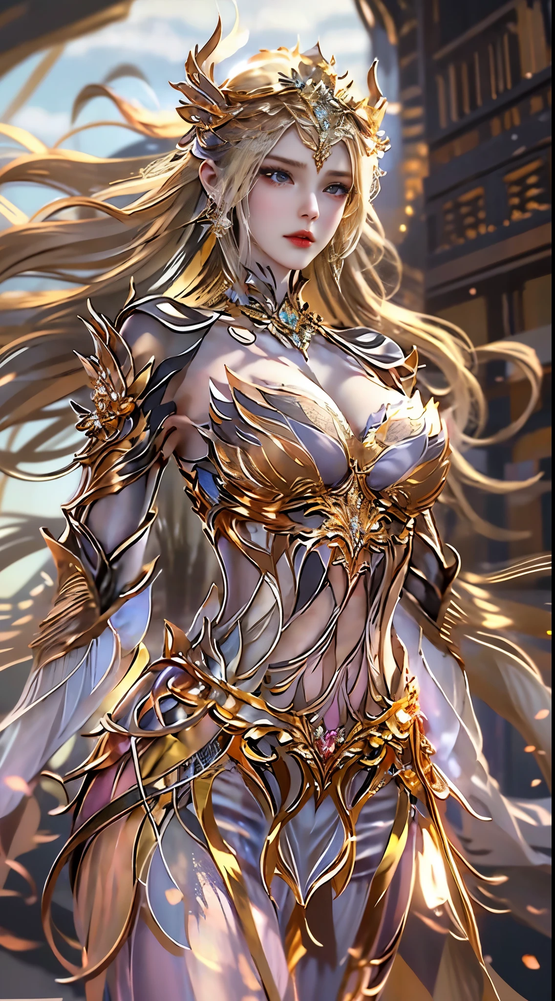 Woman in a golden transparent dress,view the viewer,(((Huge breasts, Large cleavage))),Slim waist,(navel baring,Bare waist), Long hair, Ultra-detailed details,High-end Zhenyi station, Rainstorm site, detailed fantasy art, Stunning character art, Beautiful and exquisite character art, Beautiful gold and silver armor, Extremely detailed, Girl in shiny armor, Exquisite tiaras and jewelry,Crystal jewelry filigree, milky ways, Stunning visuals, (dynamic streaks, light tracks:1.2), Vibrant colors,
