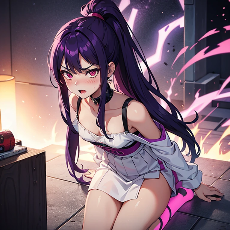 purple hair, female, ponytail long hair, teen, red eyes, blush, , , , , ,  , cute , 13 yo , white short dress , angry