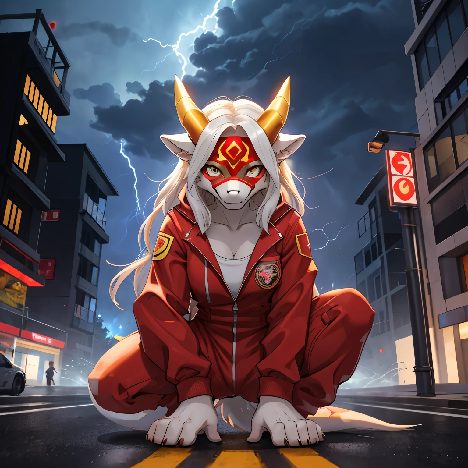 A white wolf wearing a red jumpsuit that has yellow markings on it. In the center of the jumpsuit there is a halo that has a lightning bolt a drop of water and a wind cloud. She's crouching down on the street and she is outside during a thunderstorm she has dragon horns on her head alongside a dragon mask. And a lot of dragon symbolism around her