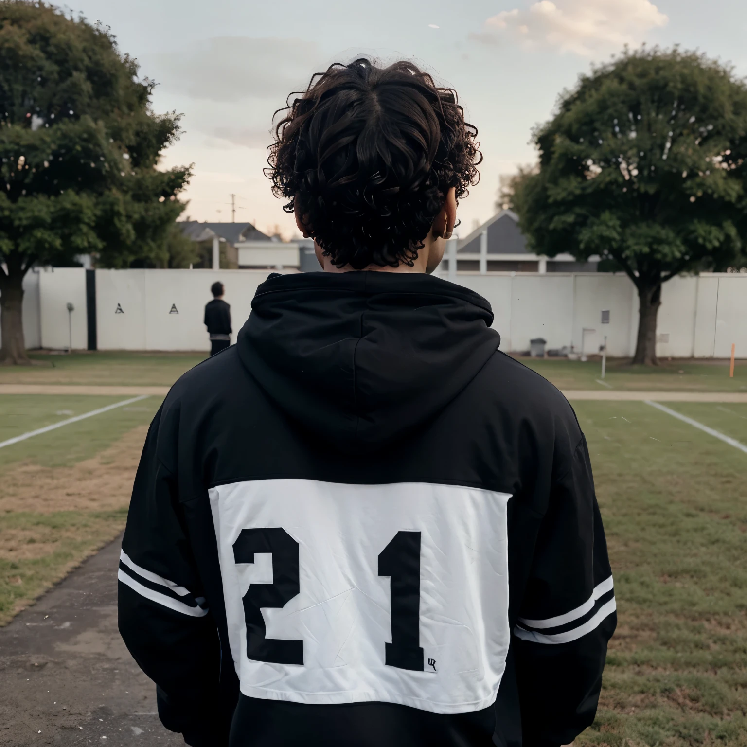 a man with skin and curly hair standing turned back wearing a black hoodie that says draken and the number 28 on the back of the shirt with a football station in the background
