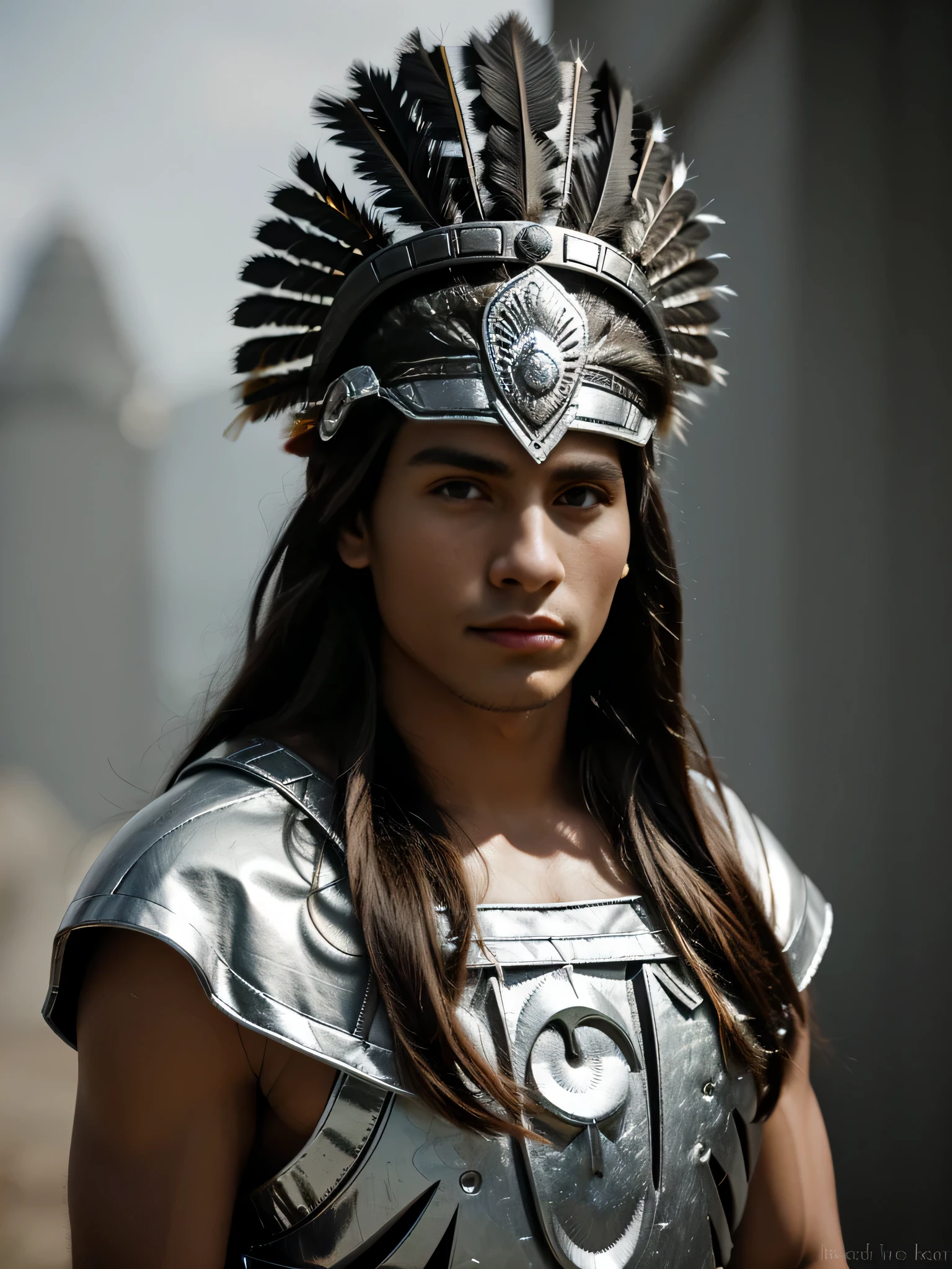 Hyper realistic, Portrait of a young man in a feathered headdress and a helmet, an aztec warrior, aztec warrior, aztec yaotl warrior, aztec mythology, aztec god, mexican warrior, azctec warrior, classic mayan mythology, quetzal style, very long hair, shiny hair, shiny and perfect skin