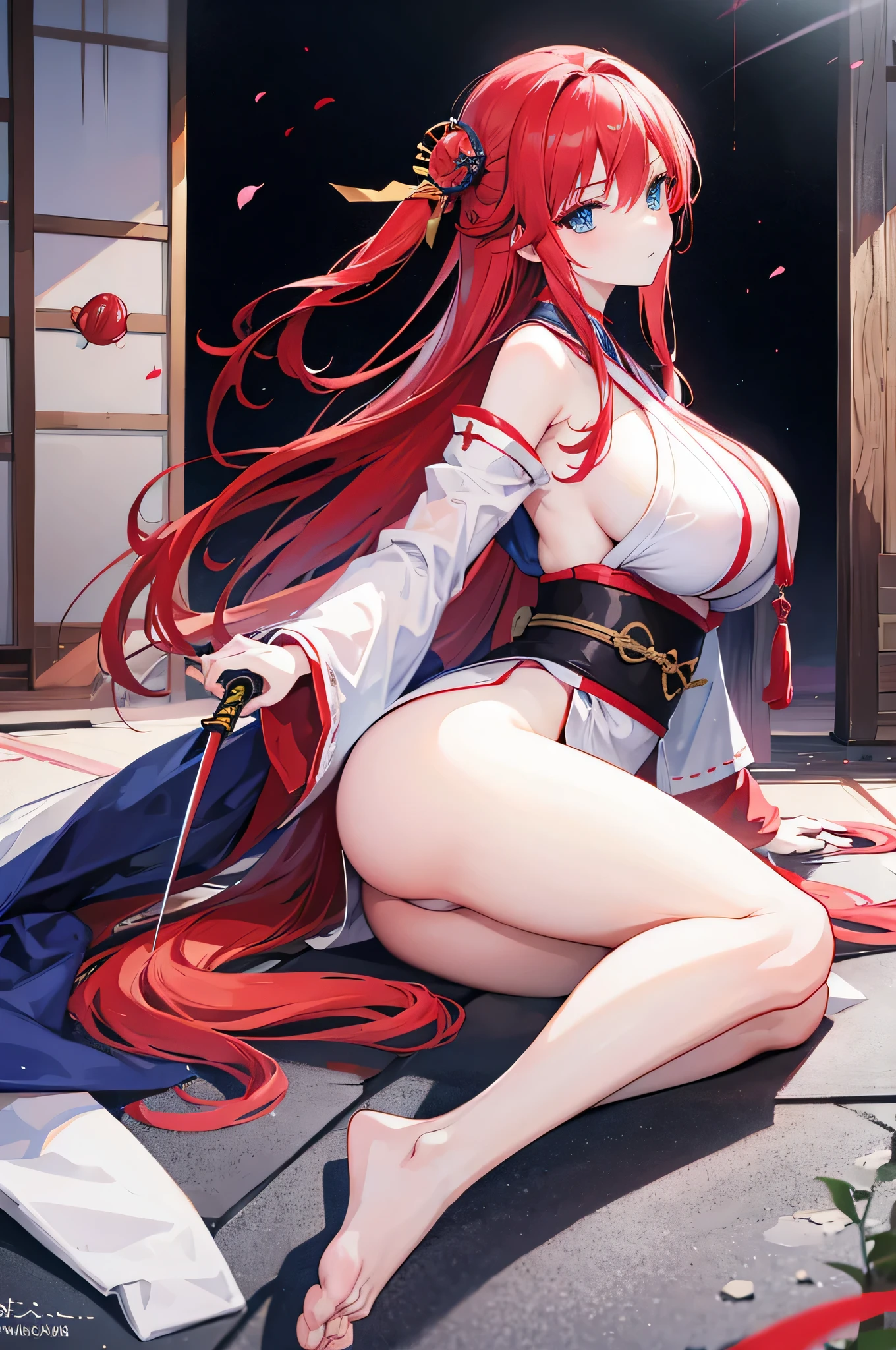 4K,High resolution,one woman,redhead,long hair,blue eyes,big breasts,ninja,White priestess uniform,side boob,Japanese sword,japanese town