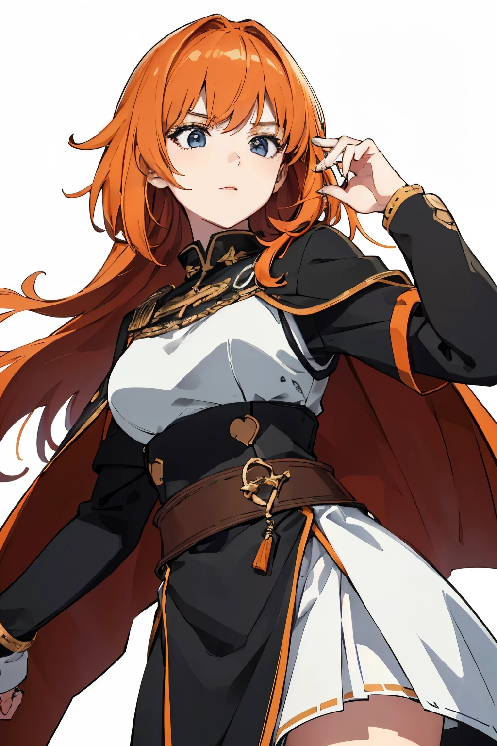 (best quality, 4k, 8k, high resolution, master part: 1.2), ultra-detailed, medieval era. A 16 year old woman, long orange hair, black eyes, wearing a white soldier uniform, white background, front camera.