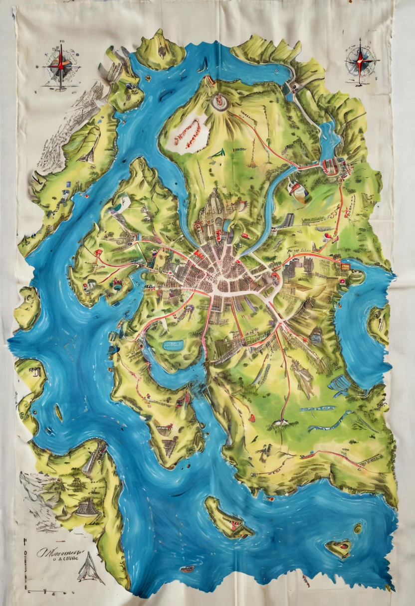 A map hand drawn on a napkin, simple background, panoramic view, Ultra high saturation, (best quality, masterpiece, Representative work, official art, Professional, 8k)