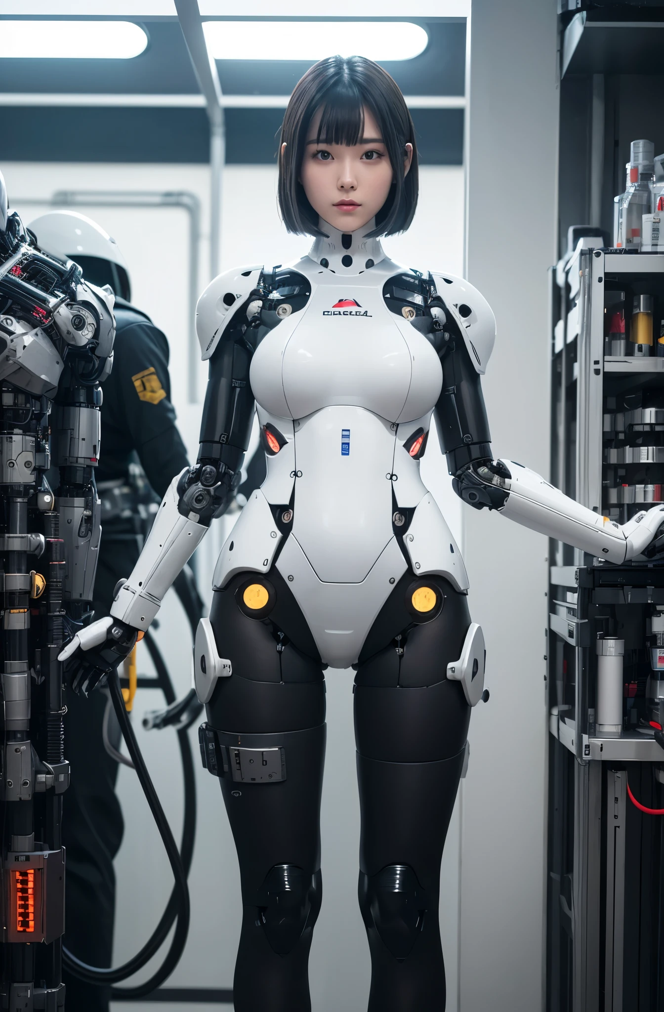 masterpiece, best quality, (photorealistic:1.4), (RAW photo)(8K, 4K, Best Quality, hight resolution, 超A high resolution:1.1), (masutepiece, Realistic, Photorealsitic:1.1), 2girl in, Japaese Cyborg Girls,Plump , announcer,control panels,android,Droid,Mechanical Hand, ,clothes with a sense of mechanical technology, Robot arms and legs, Black Robot Parts,Black hair,Mechanical body,Blunt bangs,White abdomen,White robotics parts,tube dress,perfect robot woman,perfect android woman, perfect mechanical woman,future laboratory,android factory,cyborg factory,robot factory,cyber pank,charging spot,long tube,thick cable connected her neck,bowing,maintainance her,repaired her,full eyes,dark black tights,a bit chubby