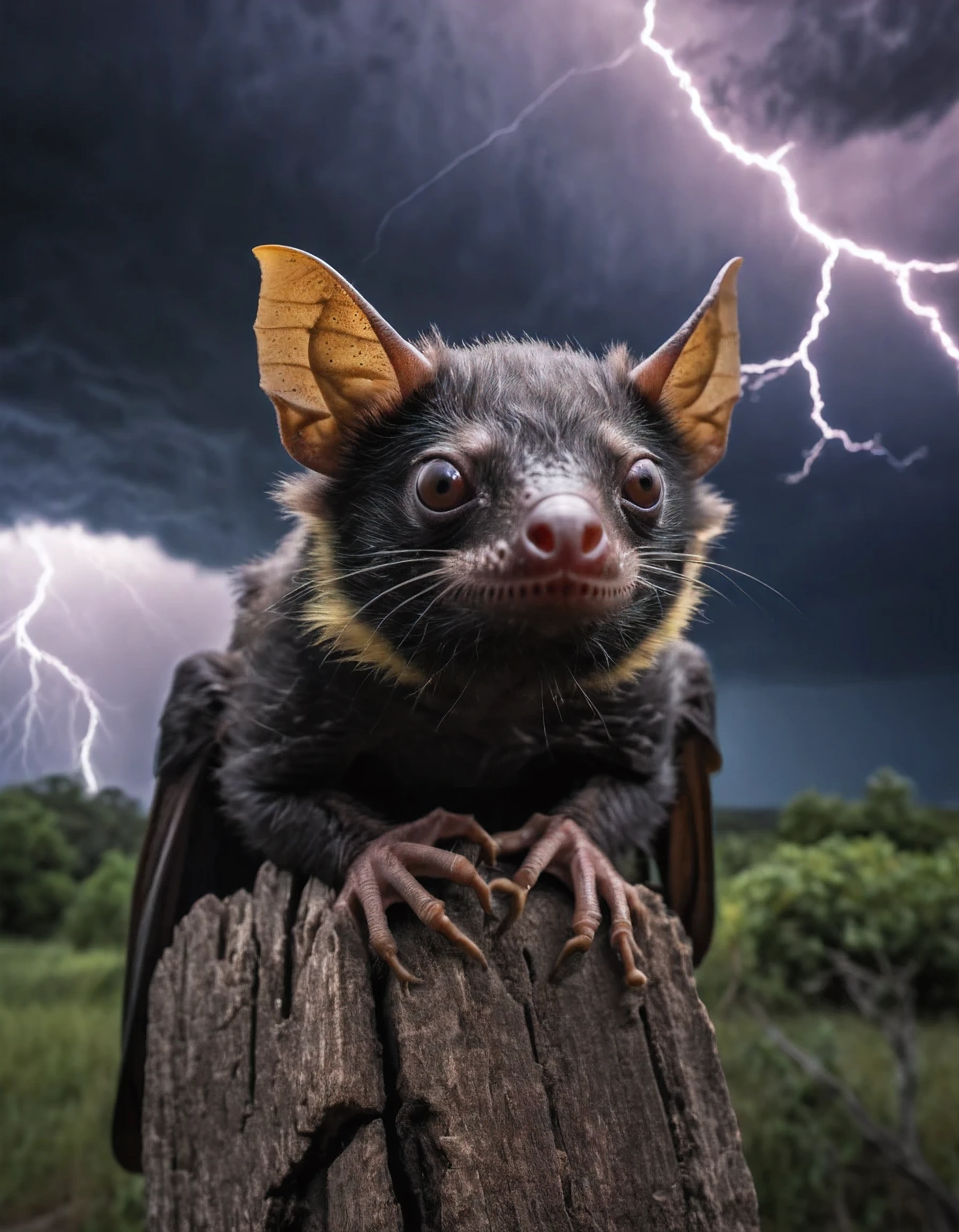 (hybrid:1.10) (lizard:0.95) (fruitbat:1.05), (merge:1.1), stormy skies, lightning, spooky scary photographic, realism pushed to extreme, fine texture, incredibly lifelike, cinematic, large format camera, photo realism, DSLR, 8k uhd, hdr, ultra-detailed, high quality, high saturation