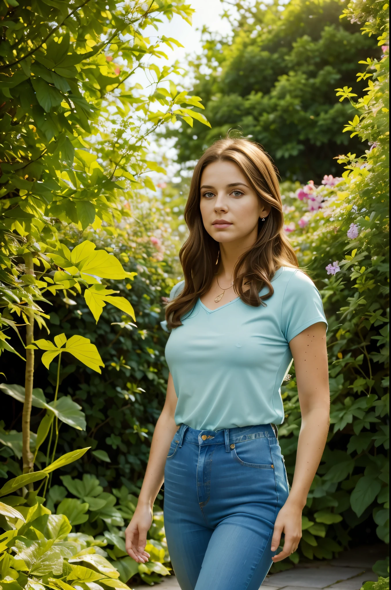 (best quality,4k,8k,highres,masterpiece:1.2), a beautiful young woman with brown hair, wearing a light blue top and jeans, walking serenely through the garden, very colorful place, natural light, looking at the camera, [expressive emotions],lush greenery,[colorful flora],sunlight streaming through [lush foliage],[golden hour lighting],[dreamy atmosphere],[vibrant colors]