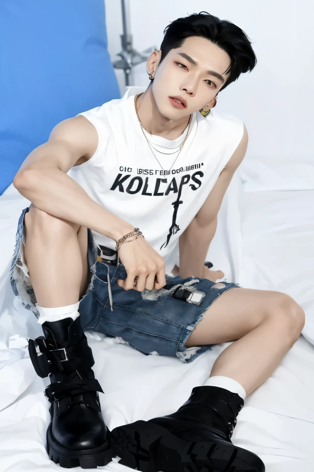 arafed male in a white shirt and black boots sitting on a bed, kim doyoung, cai xukun, jinyoung shin, hyung tae, portrait of kpop idol, jungkook, korean kpop star, park jimin, official product photo, hyung tae kim, all from the group nct, full body picture, jossi of blackpink, taejune kim
