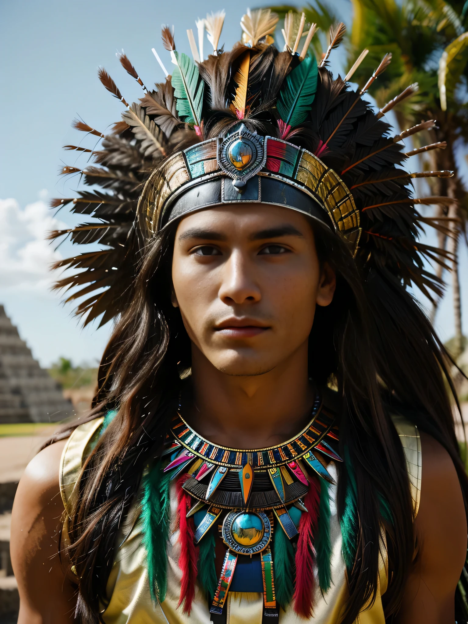 Hyper realistic, Portrait of a young man in a colorful feathered headdress and a helmet, an aztec warrior, aztec warrior, aztec yaotl warrior, aztec mythology, aztec god, mexican warrior, azctec warrior, classic mayan mythology, quetzal style, very long hair, shiny hair, shiny and perfect skin