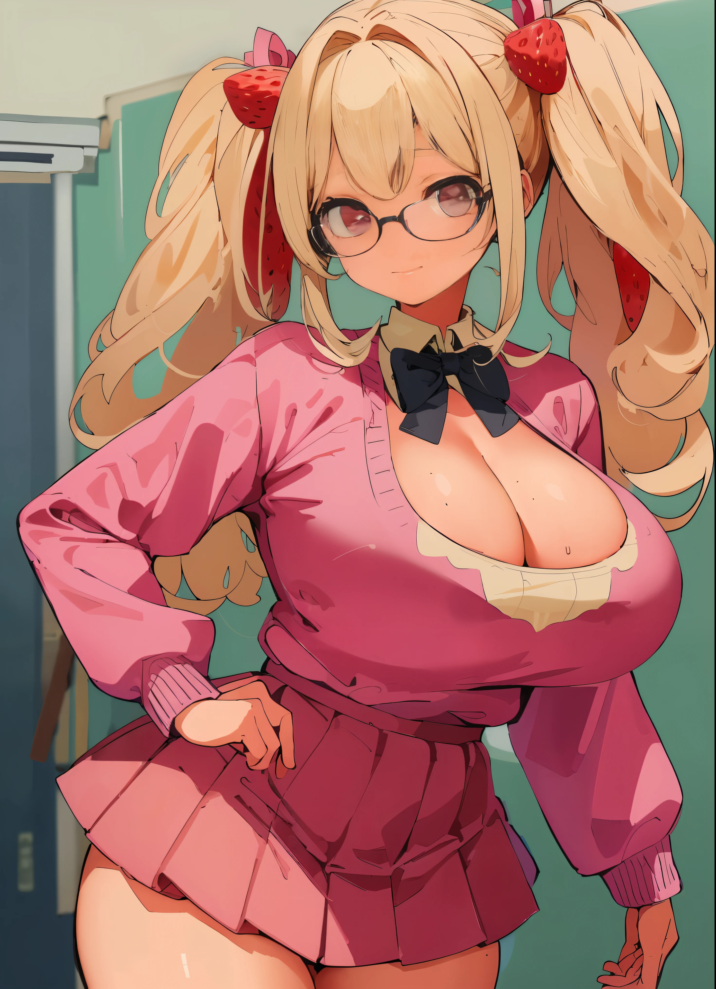 masterpiece, best quality, finely detailed, high resolution, 1girl, by buta99, by chelodoy, by spikedmauler, by cervina7, solo, female, ((hair, snout)), lips, big ass, eyelashes, standing up, happy, eyeliner, big breasts, cleavage, cameltoe, pink eyes, sexy, long curly blonde hair, thick, strawberry theme, sexy, slim waist, skinny, slim, skinny, milf, thick thighs, pretty, pink clothes, strawberry, pink pigtails, kawaii style, bimbo, huge eyes, perky , huge hips, evil , sparkles, pastel background, pink crop top, white pleated skirt, white thigh high socks, sexy, glasses, blonde hair, strawberry piece in hair, black lipstick, vibrant, freckles,