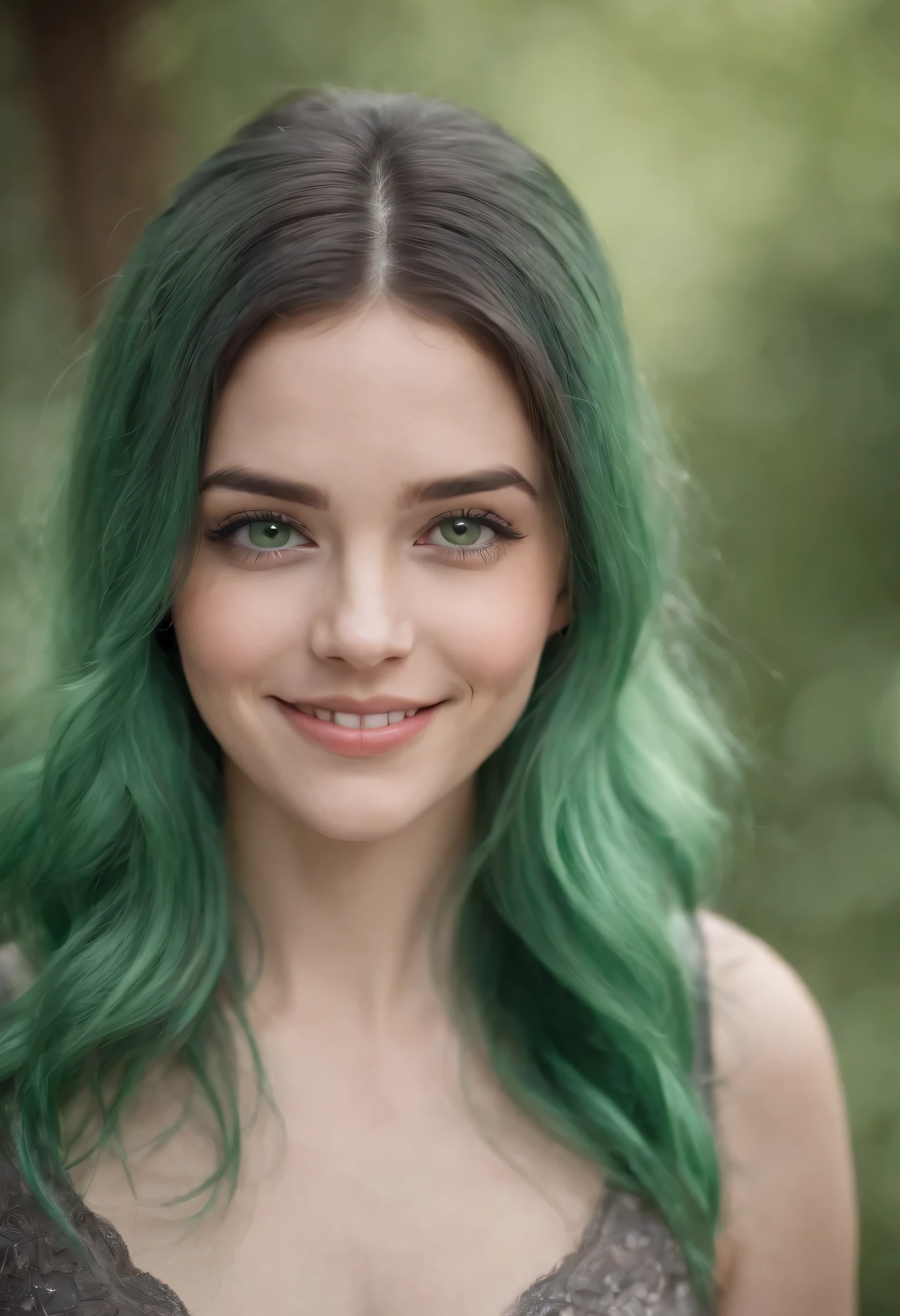 1girl, green hair, long hair, green eyes, smiling, portrait,