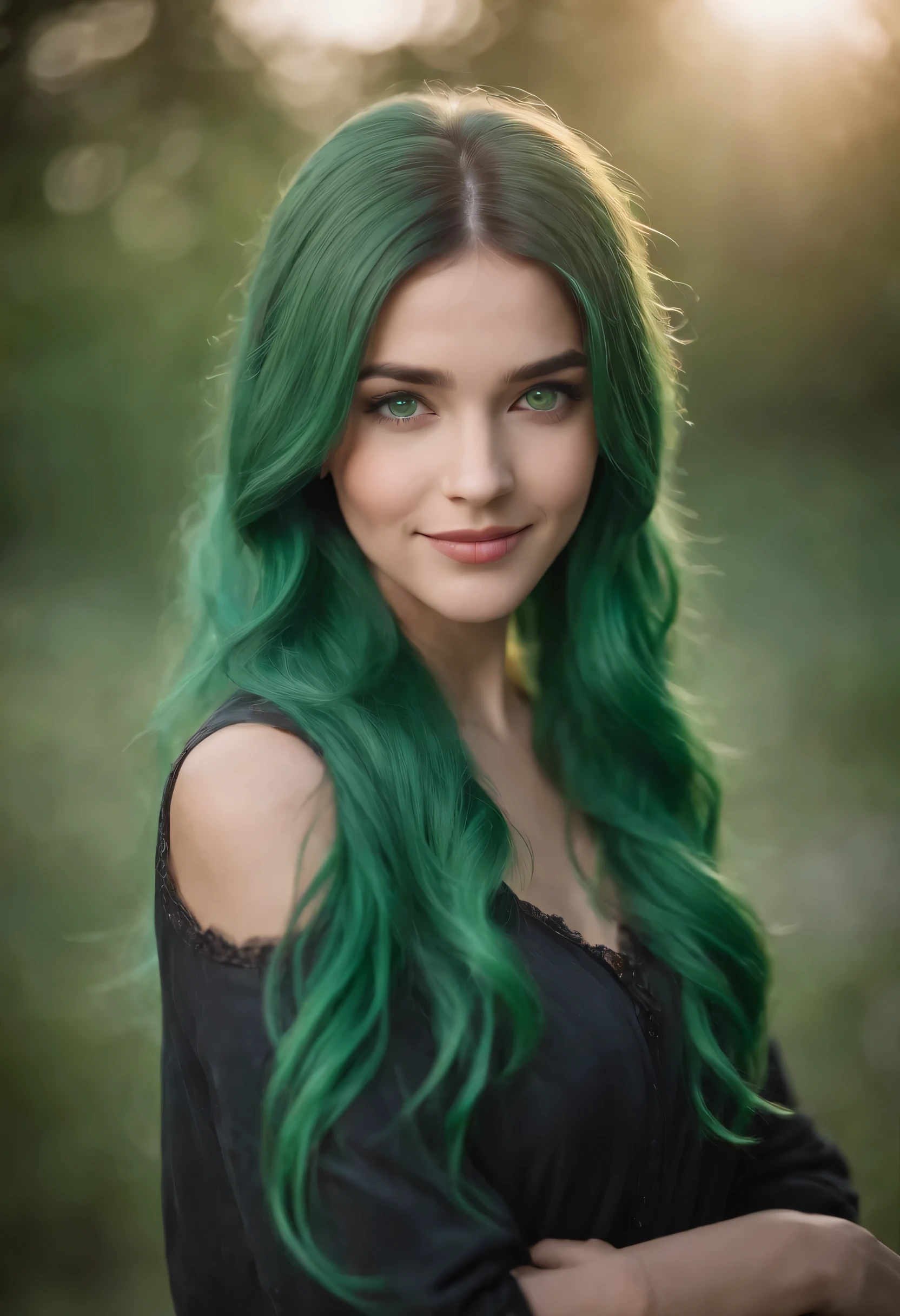 1girl, green hair, long hair, green eyes, smiling, portrait,