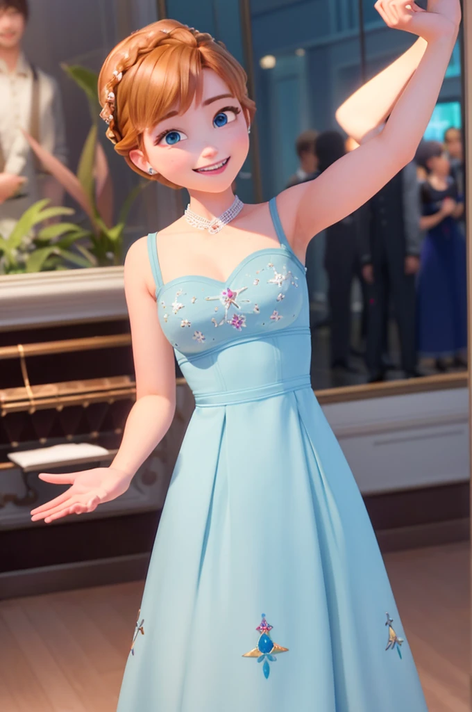 A high-resolution, photorealistic image of Anna from Disney's Frozen. She is depicted as a beautiful woman in a colorful mini skirt dress, standing against the vibrant backdrop of nighttime London. Her dress is short enough to reveal white panties, emphasizing her model-like figure and ample bust. The setting features iconic London landmarks illuminated under the night sky. Anna is posing in a sexy manner with a bright smile, with soft natural lighting enhancing the realism and smooth texture of her skin. She is looking directly at the camera, adding to her charm and allure.
