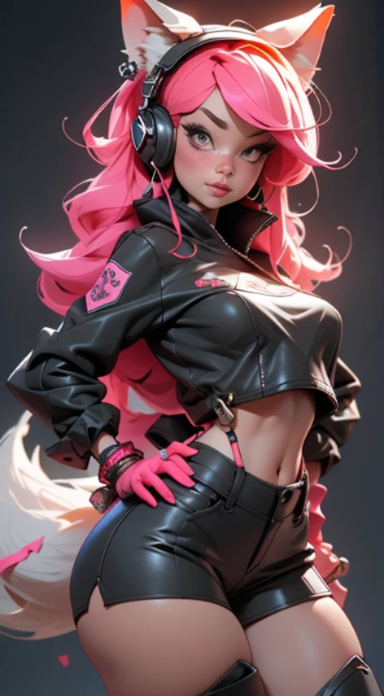 (Best quality), (masterpiece), (realistic) and ultra-Detailed photo of cute 1 nerdy girl in futuristic neon headphones with plastic fox ears on them, She has a (fluffy pink hair), is wearing an leather (unbuttoned) pink-Black racing jacket on a naked body, leather tight shorts,  and exudes a ((beautiful and aesthetic)) vibe, ((huge open erect tits)), (erect nippleslips) , open chest, open tummy, sexy body , detailed pupils and iris of eyes, long eyelashes, Embarrassed and lustful smile,