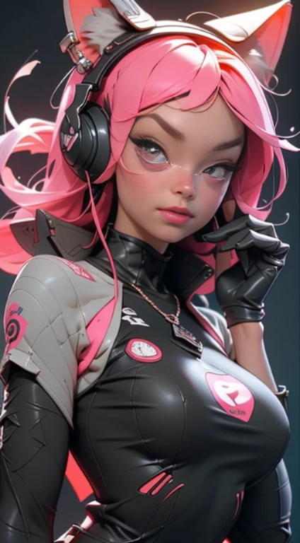 (Best quality), (masterpiece), (realistic) and ultra-Detailed photo of cute 1 nerdy girl in futuristic neon headphones with plastic fox ears on them, She has a (fluffy pink hair), is wearing an leather (unbuttoned) pink-Black racing jacket on a naked body, leather tight shorts,  and exudes a ((beautiful and aesthetic)) vibe, ((huge open erect tits)), (erect nippleslips) , open chest, open tummy, sexy body , detailed pupils and iris of eyes, long eyelashes, Embarrassed and lustful smile,