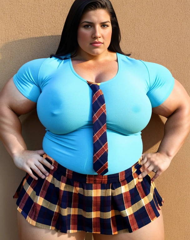 A large thick girl ,   wide ????, wide waist,  wide shoulders,  large torso ,  muscular biceps ,  Generate a full length  portrait of an overweight fat 12 year old Gina Carano, huge muscular pecs A heavily muscled iffb pro female bodybuilder,  latex Jowowha Womens  Cosplay Set Short Sleeve Shirt with Tie and Plaid Skirt Fancy Dress Cosplay Costume