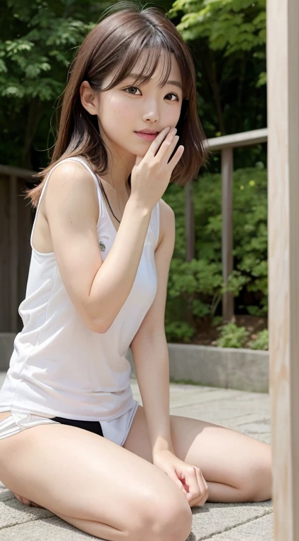 Maki Horikita,beautiful girl,well-groomed face,10th ,young face,crying expression,crying face,low length,Slender,Athletics,Navel exposed,beautiful feet,shortcut,brown hair,small breasts,white camisole,raise hand,Japan Schools,Ministry activities,track and field club, outdoor,