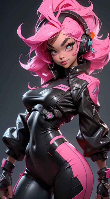 (Best quality), (masterpiece), (realistic) and ultra-Detailed photo of cute 1 nerdy girl in futuristic neon headphones with plastic fox ears on them, She has a (fluffy pink hair), is wearing an leather (unbuttoned) pink-Black racing jacket on a naked body, leather tight shorts, and exudes a ((beautiful and aesthetic)) vibe, ((huge open erect tits)), (erect nippleslips) , open chest, open tummy, sexy body , detailed pupils and iris of eyes, long eyelashes, Embarrassed and lustful smile,