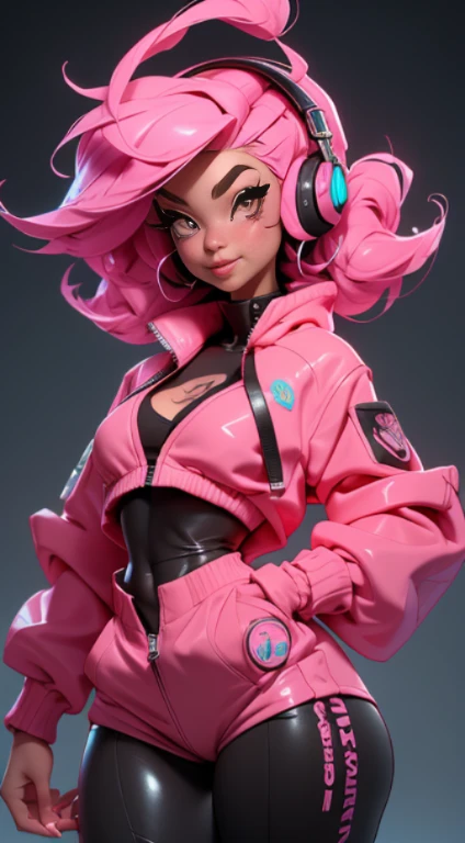 (Best quality), (masterpiece), (realistic) and ultra-Detailed photo of cute 1 nerdy girl in futuristic neon headphones with plastic fox ears on them, She has a (fluffy pink hair), is wearing an leather (unbuttoned) pink-Black racing jacket on a naked body, leather tight shorts,  and exudes a ((beautiful and aesthetic)) vibe, ((huge open erect tits)), (erect nippleslips) , open chest, open tummy, sexy body , detailed pupils and iris of eyes, long eyelashes, Embarrassed and lustful smile,