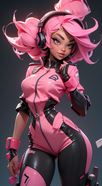 (Best quality), (masterpiece), (realistic) and ultra-Detailed photo of cute 1 nerdy girl in futuristic neon headphones with plastic fox ears on them, She has a (fluffy pink hair), is wearing an leather (unbuttoned) pink-Black racing jacket on a naked body, leather tight shorts,  and exudes a ((beautiful and aesthetic)) vibe, ((huge open erect tits)), (erect nippleslips) , open chest, open tummy, sexy body , detailed pupils and iris of eyes, long eyelashes, Embarrassed and lustful smile,