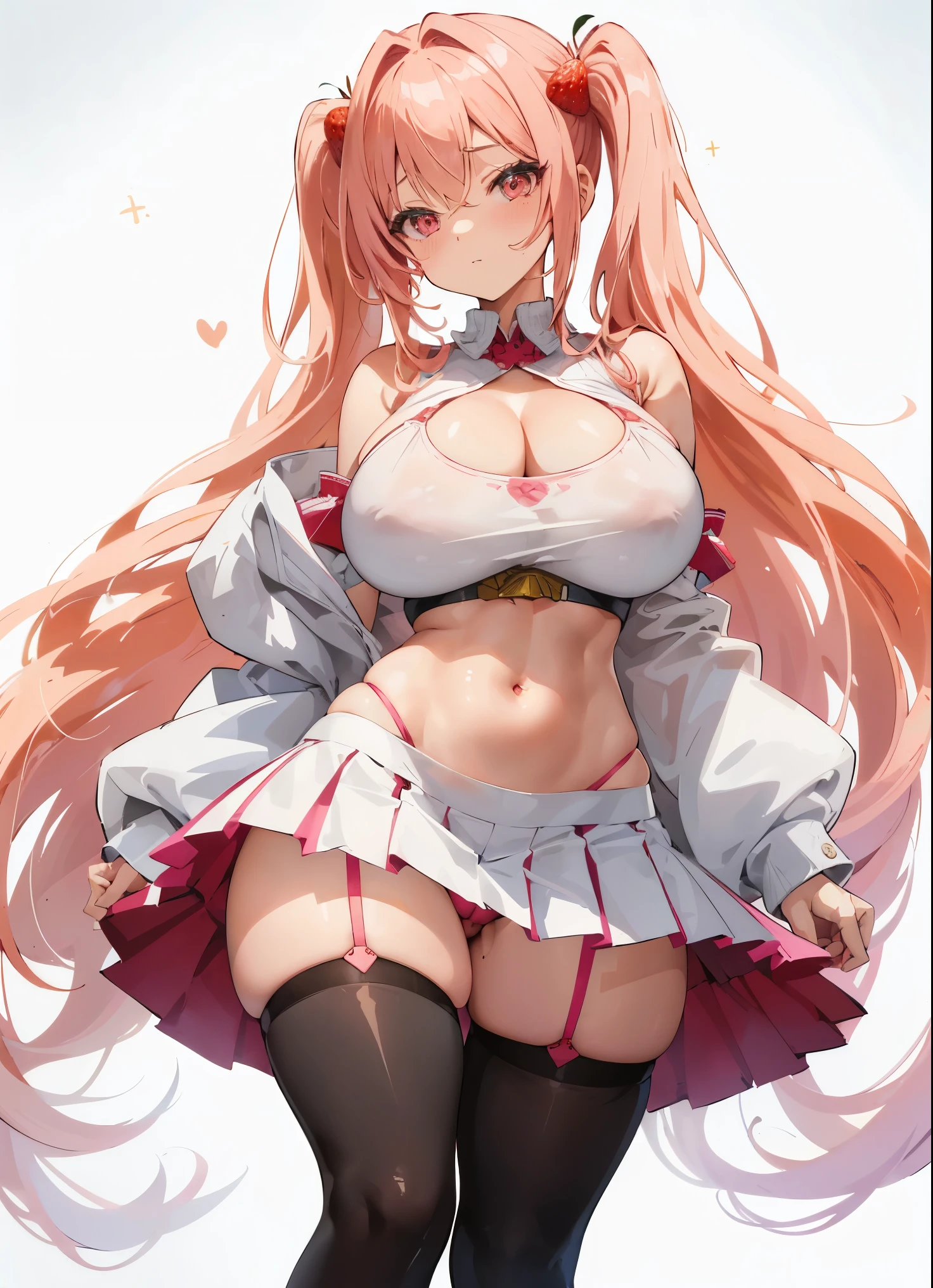 masterpiece, best quality, finely detailed, high resolution, 1girl, by buta99, by chelodoy, by spikedmauler, by cervina7, solo, female, ((hair, snout)), lips, big ass, eyelashes, standing up, happy, eyeliner, big breasts, cleavage, cameltoe, pink eyes, sexy, long curly blonde hair, thick, strawberry theme, sexy, slim waist, skinny, slim, skinny, milf, thick thighs, pretty, pink clothes, strawberry, blonde pigtails, kawaii style, bimbo, huge eyes, perky , huge hips, evil , sparkles, pastel background, pink crop top, white pleated skirt, white thigh high socks, sexy, pink highlights in blonde hair, strawberry piece in hair, big lips, vibrant, freckles,