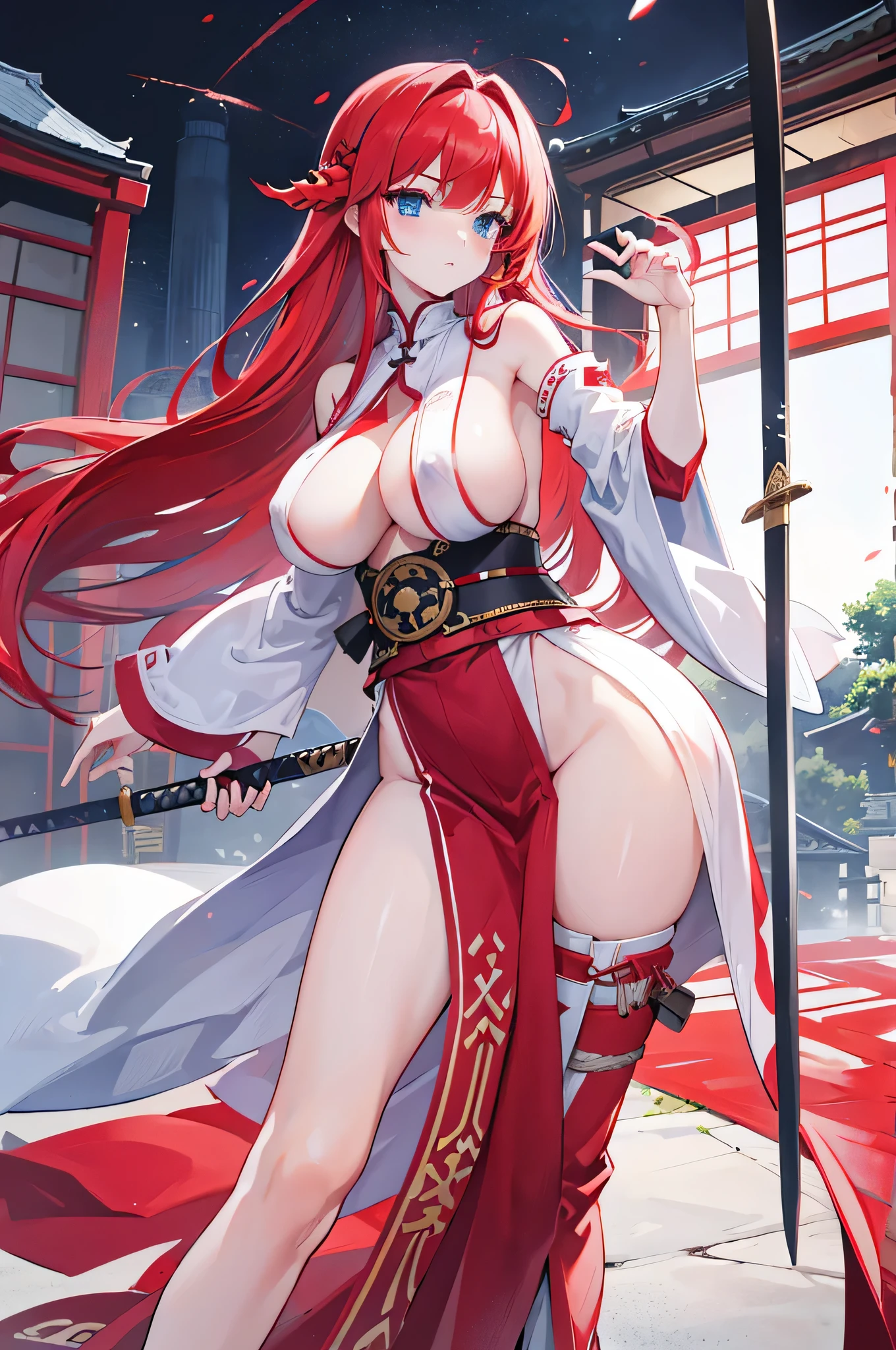 4K,High resolution,one woman,redhead,long hair,blue eyes,big breasts,huge nipples,ninja,White priestess uniform,side boob,removed sleeve,Japanese sword,city of the future