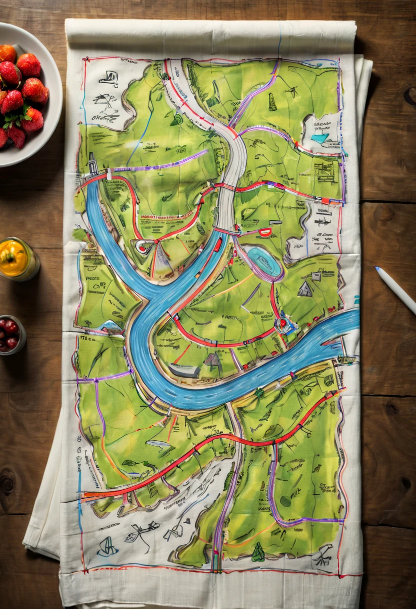 Brief strokes, A hand drawn road map on a napkin, simple lines, panoramic view, Ultra high saturation, (best quality, masterpiece, Representative work, official art, Professional, 8k)