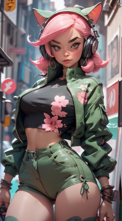 (Best quality), (masterpiece), (realistic) and ultra-Detailed photo of cute 1 nerdy girl in futuristic neon headphones with plastic fox ears on them, She has a (fluffy pink hair), is wearing an leather (unbuttoned) pink-Black racing jacket on a naked body, leather tight shorts,  and exudes a ((beautiful and aesthetic)) vibe, ((huge open erect tits)), (erect nippleslips) , open chest, open tummy, sexy body , detailed pupils and iris of eyes, long eyelashes, Embarrassed and lustful smile,ctmp