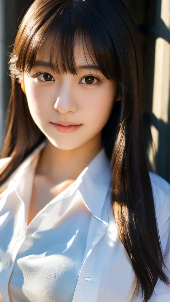 top quality,Beautiful Japanese high school girl, masterpiece, light makeup, black hair, school, beautiful, elegant. Super fine details, works, authentic texture, realistic movie lighting, perfect works, 8K, HD, exquisite facial features, uniform, white blouse, miniskirt, chubby figure, big bright eyes, large breasts, whole body