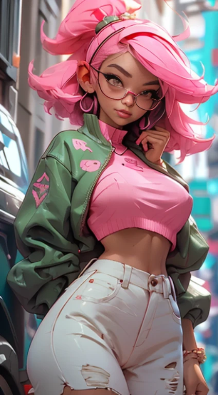 (Best quality), (masterpiece), (realistic) and ultra-Detailed photo of cute 1 nerdy girl in futuristic neon headphones with plastic fox ears on them, She has a (fluffy pink hair), is wearing an leather (unbuttoned) pink-Black racing jacket on a naked body, leather tight shorts,  and exudes a ((beautiful and aesthetic)) vibe, ((huge open erect tits)), (erect nippleslips) , open chest, open tummy, sexy body , detailed pupils and iris of eyes, long eyelashes, Embarrassed and lustful smile,ctmp