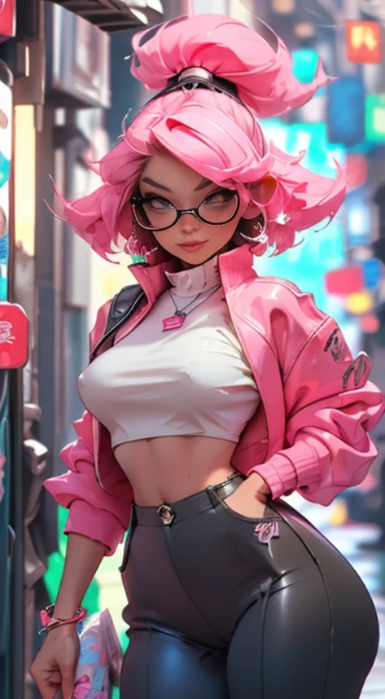 (Best quality), (masterpiece), (realistic) and ultra-Detailed photo of cute 1 nerdy girl in futuristic neon headphones with plastic fox ears on them, She has a (fluffy pink hair), is wearing an leather (unbuttoned) pink-Black racing jacket on a naked body, leather tight shorts,  and exudes a ((beautiful and aesthetic)) vibe, ((huge open erect tits)), (erect nippleslips) , open chest, open tummy, sexy body , detailed pupils and iris of eyes, long eyelashes, Embarrassed and lustful smile,ctmp