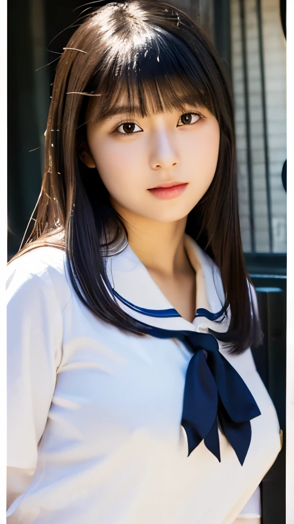 top quality,Beautiful Japanese high school girl, masterpiece, light makeup, black hair, school, beautiful, elegant. Super fine details, works, authentic texture, realistic movie lighting, perfect works, 8K, HD, exquisite facial features, uniform, white blouse, miniskirt, chubby figure, big bright eyes, large breasts, whole body