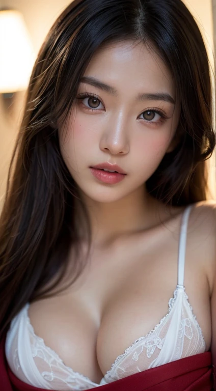 highest quality, face focus, soft light, ultra high resolution, (realistic:1.4), RAW photo, 1 Japanese girl, alone, cute, (pupil, There&#39;There&#39;There&#39;s a light in my eyes), detailed beautiful face, (),(High resolution details of human skin texture), (long hair), Have beautiful breasts、Full-body Esbian in a luxury hotel room,: 1.3)Sheer、transparent、(white lingerie、Fabric area is very small), Cross chest, under bust, black haired, Light shines only on the chest, ((Burst Chest)), (Paranoid breasts)), Adult makeup　lips are red　wearing red kimono