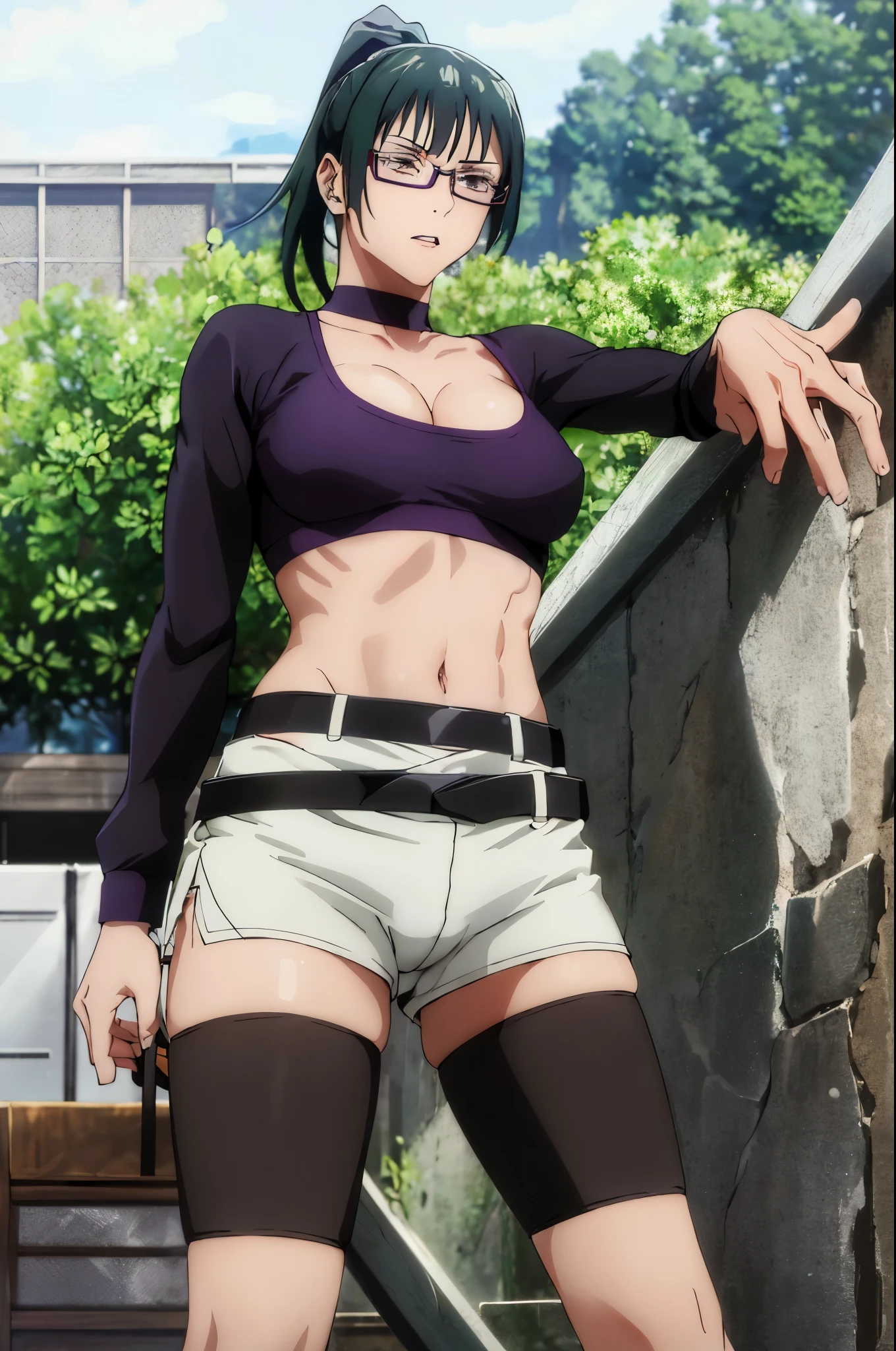 1girl, beautiful ,zenin_maki,ponytail,glasses,bangs,green hair,brown eyes,sports bra,outdoors, belt, choker,ultra miniskirt, black_belt, black_choker, earrings, sharp focus, absurdres, realistic proportions, good anatomy, masterpiece, best quality,realistic, hyperrealistic, 16k,medium breasts,cleavage,navel,erected nipples,sexy pose,from below,micro panties,cameltoe