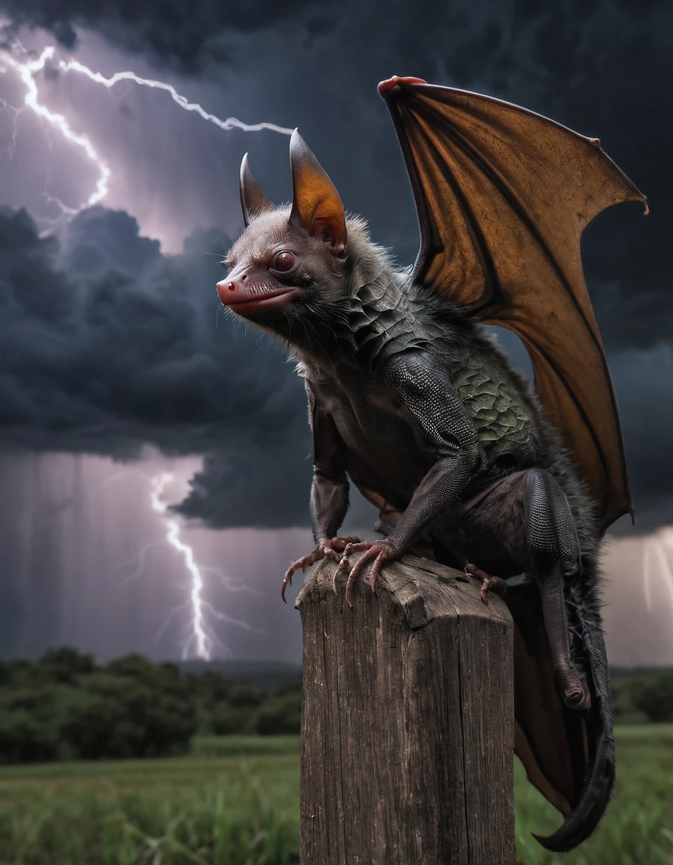 (hybrid:1.10) (lizard:0.95) (fruitbat:1.05), (merge:1.1), scales, long-tail, stormy skies, lightning, spooky scary  photographic, realism pushed to extreme, fine texture, incredibly lifelike, cinematic, large format camera, photo realism, DSLR, 8k uhd, hdr, ultra-detailed, high quality, high saturation