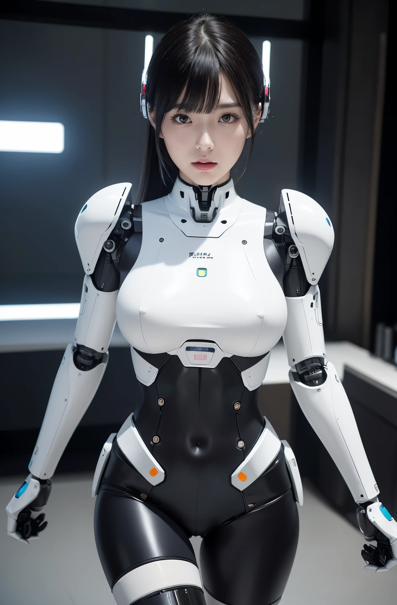 masterpiece, best quality, (photorealistic:1.4), (RAW photo)(8K, 4K, Best Quality, hight resolution, 超A high resolution:1.1), (masutepiece, Realistic, Photorealsitic:1.1), Japaese Cyborg Girls,Plump , announcer,control panels,android,Droid,Mechanical Hand, ,clothes with a sense of mechanical technology, Robot arms and legs, Black Robot Parts,Black hair,Mechanical body,Blunt bangs,White abdomen,White robotics parts,tube dress,perfect robot woman,perfect android woman, perfect mechanical woman,future laboratory,android factory,cyborg factory,robot factory,cyber pank,charging spot,long tube,thick cable connected her neck,bowing,maintainance her,repaired her,full eyes,dark black tights,a bit chubby
