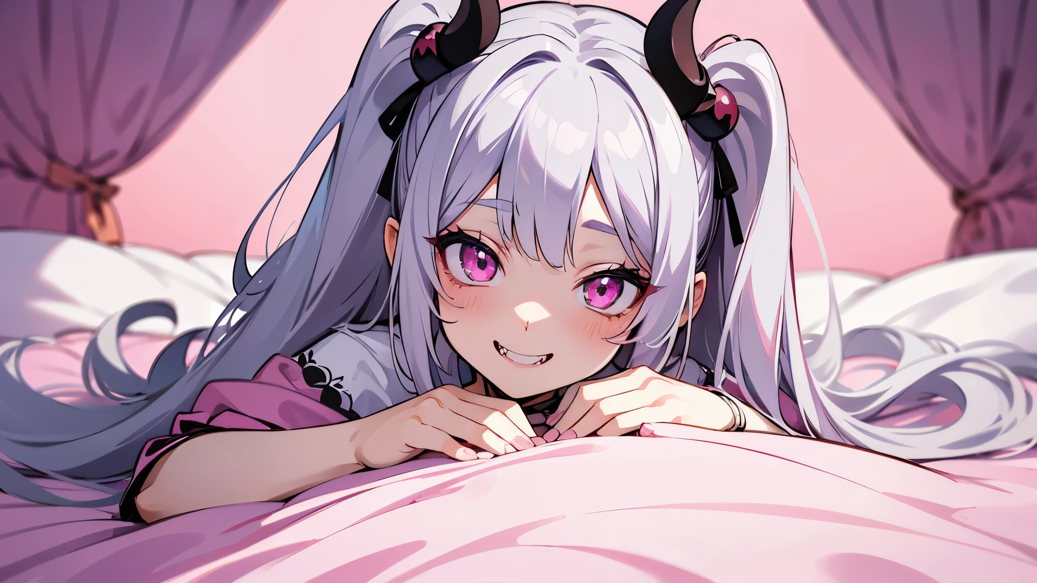 one girl, very beautiful face, beautiful eyes, detailed eyes, detailed face, detailed hair, masterpiece, anime girl, pink eyes, silver hair, , kawaii, two pony tails, hair pins, hair accessories, very young, big , pixiv, illustration, very high quality, masterpiece, vampire teeth, fangs, pink cheeks, looks at you, happy smile, succubus, demon girl, seductive, in bed, pink background