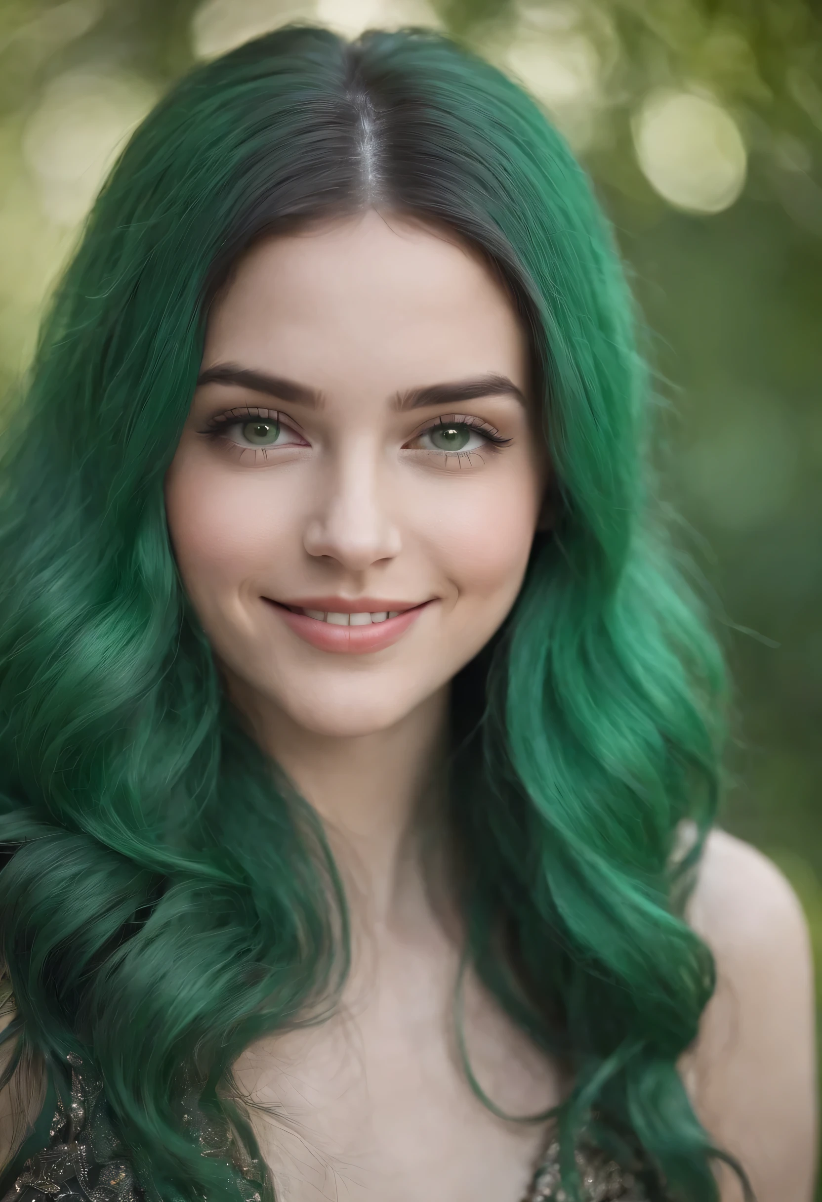 1girl, green hair, long hair, green eyes, smiling, portrait,