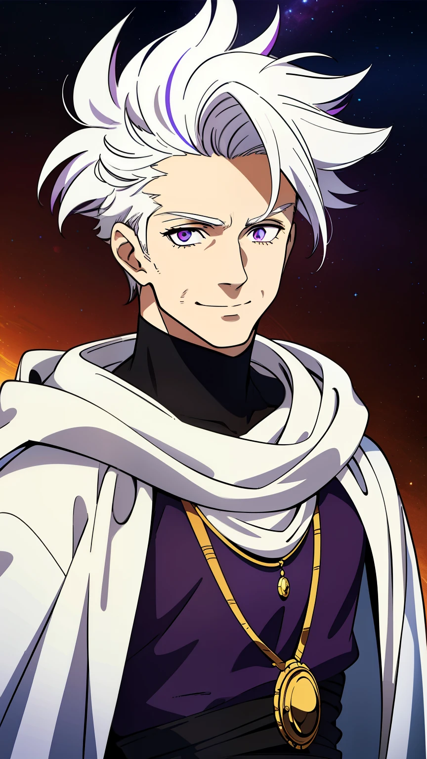 (high-quality, breathtaking),(expressive eyes, perfect face) 1male, male, solo, elderly adult, short length hair, black and white streaked hair, multicolored hair, white hair streaks, glowing hair, white strands in hair, unkept hair, pink purple eyes, positive expression, soft smile, cloak, shirt, fantasy mage clothing, adventurers attire, Venus, Venus Roman God of Love and Passion, space background, portrait, upper body, magic, elegant, stylized hairstyle, spiky hair, spiked up hair, grandfather vibe, age 70's, Greek Clothing