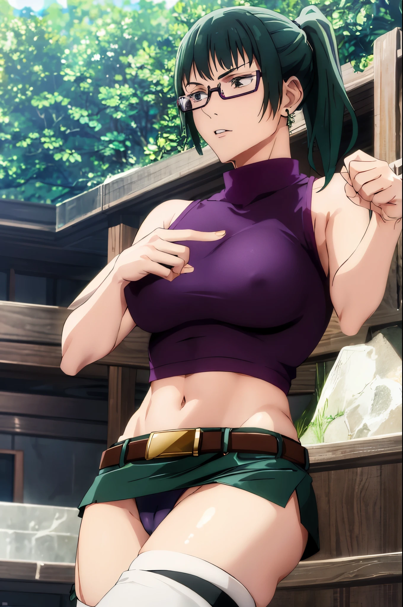 1girl, beautiful ,zenin_maki,ponytail,glasses,bangs,green hair,brown eyes,sports bra,outdoors, belt, choker,ultra miniskirt, black_belt, black_choker, earrings, sharp focus, absurdres, realistic proportions, good anatomy, masterpiece, best quality,realistic, hyperrealistic, 16k,medium breasts,cleavage,navel,erected nipples,sexy pose,from below,micro panties,cameltoe
