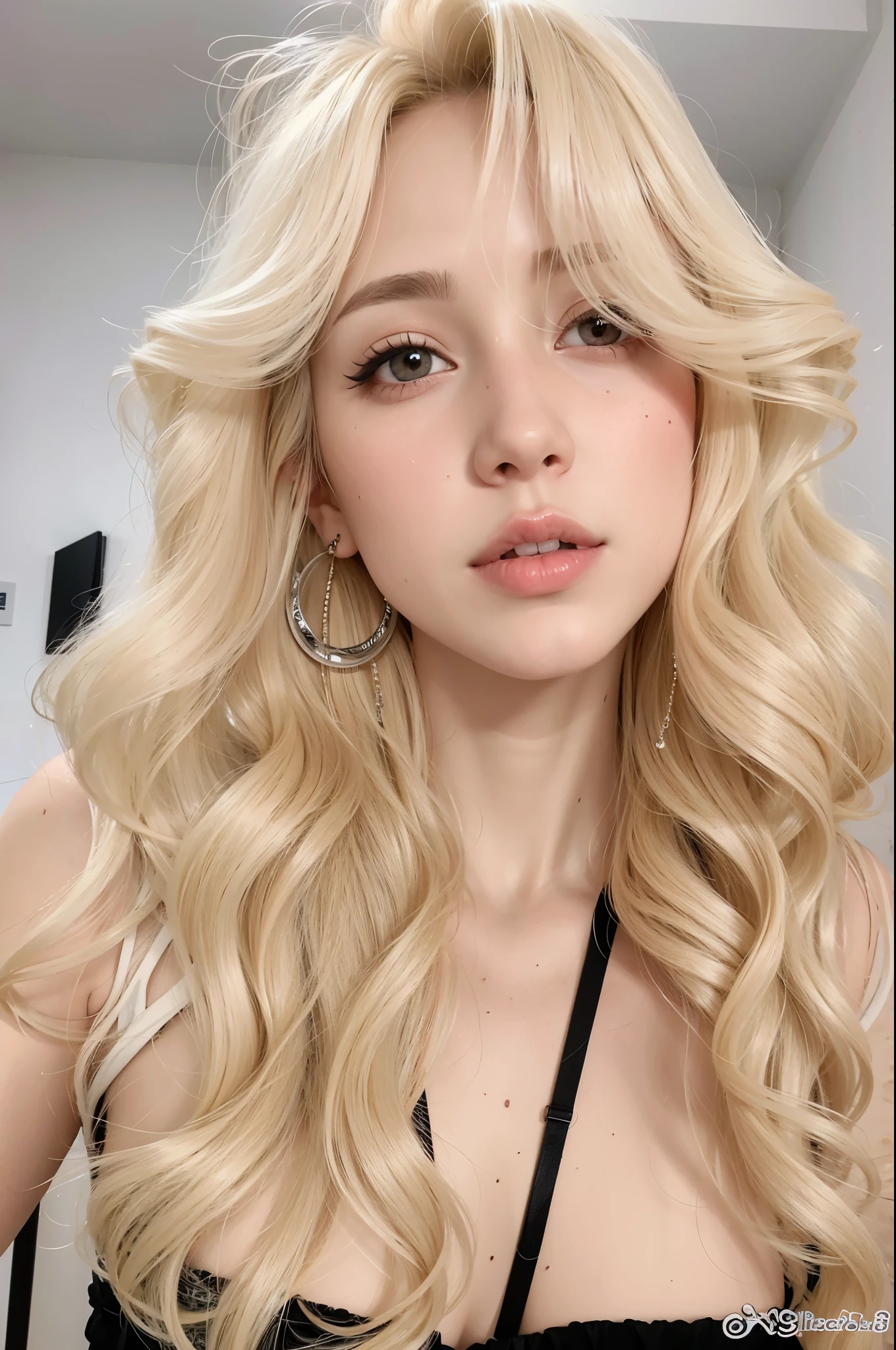 Un primer plano de una mujer con cabello largo y rubio y un vestido negro, pale skin curly blonde hair, long cabello rubio y ojos grandes, pelo largo y rubio y ojos grandes, una chica con cabello rubio, cabello rubio y ojos grandes, extremely pale blonde hair