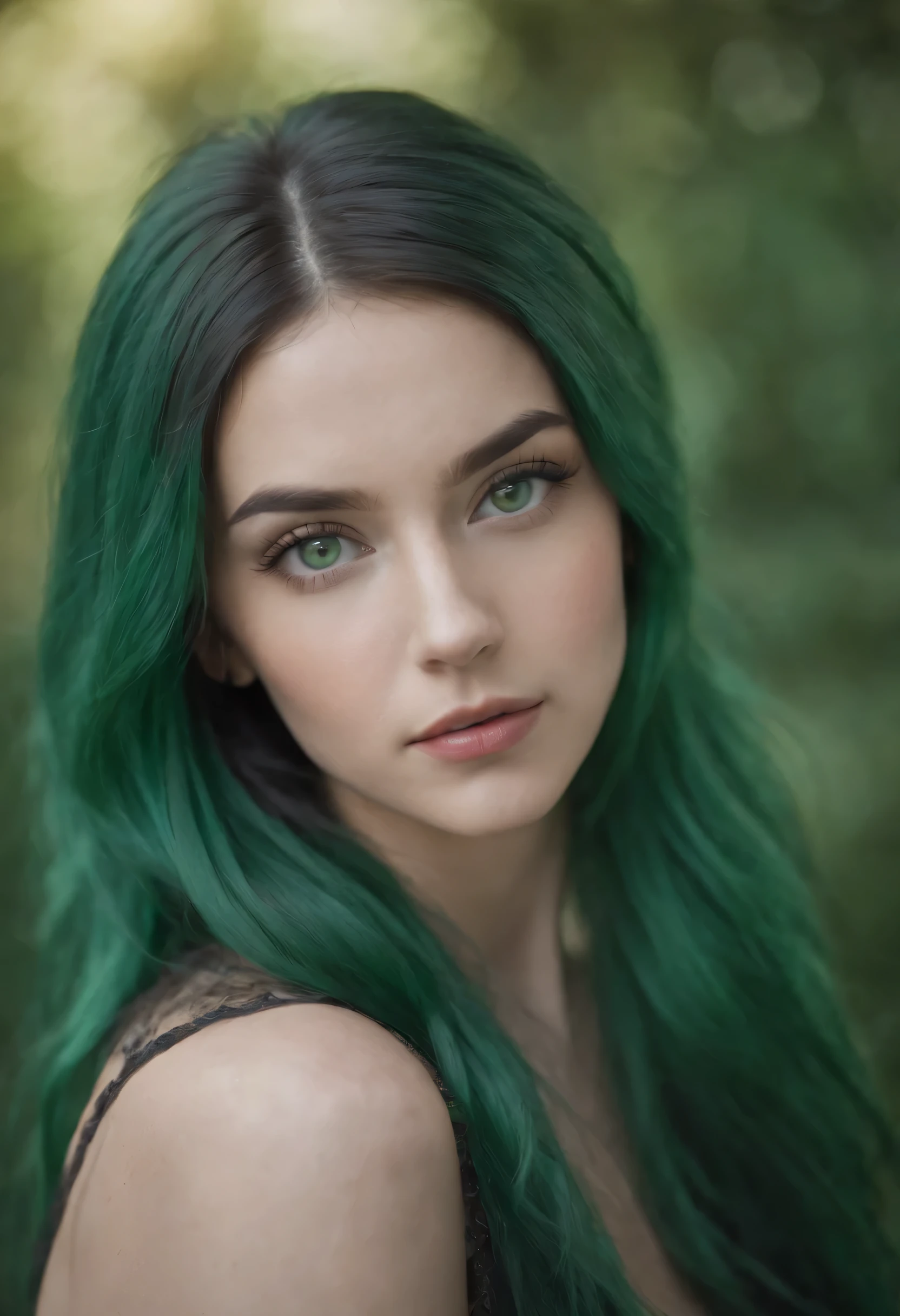 1girl, green hair, long hair, green eyes, portrait,