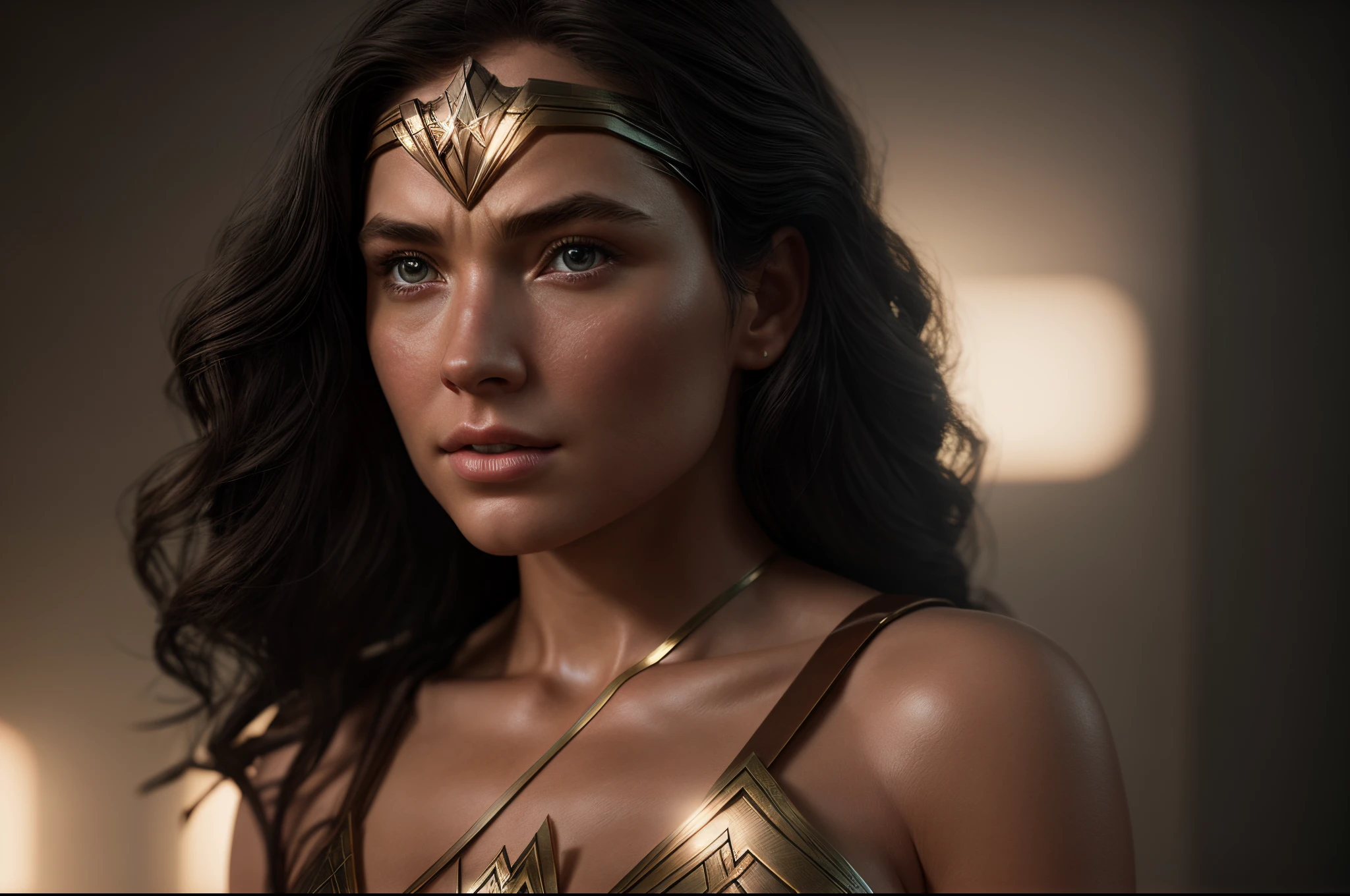 Cinematic soft lighting illuminates an incredibly detailed and ultra-realistic Wonder Woman that is trending on ArtStation. Octane is the perfect tool to capture the softest details of this masterpiece of 16k photography