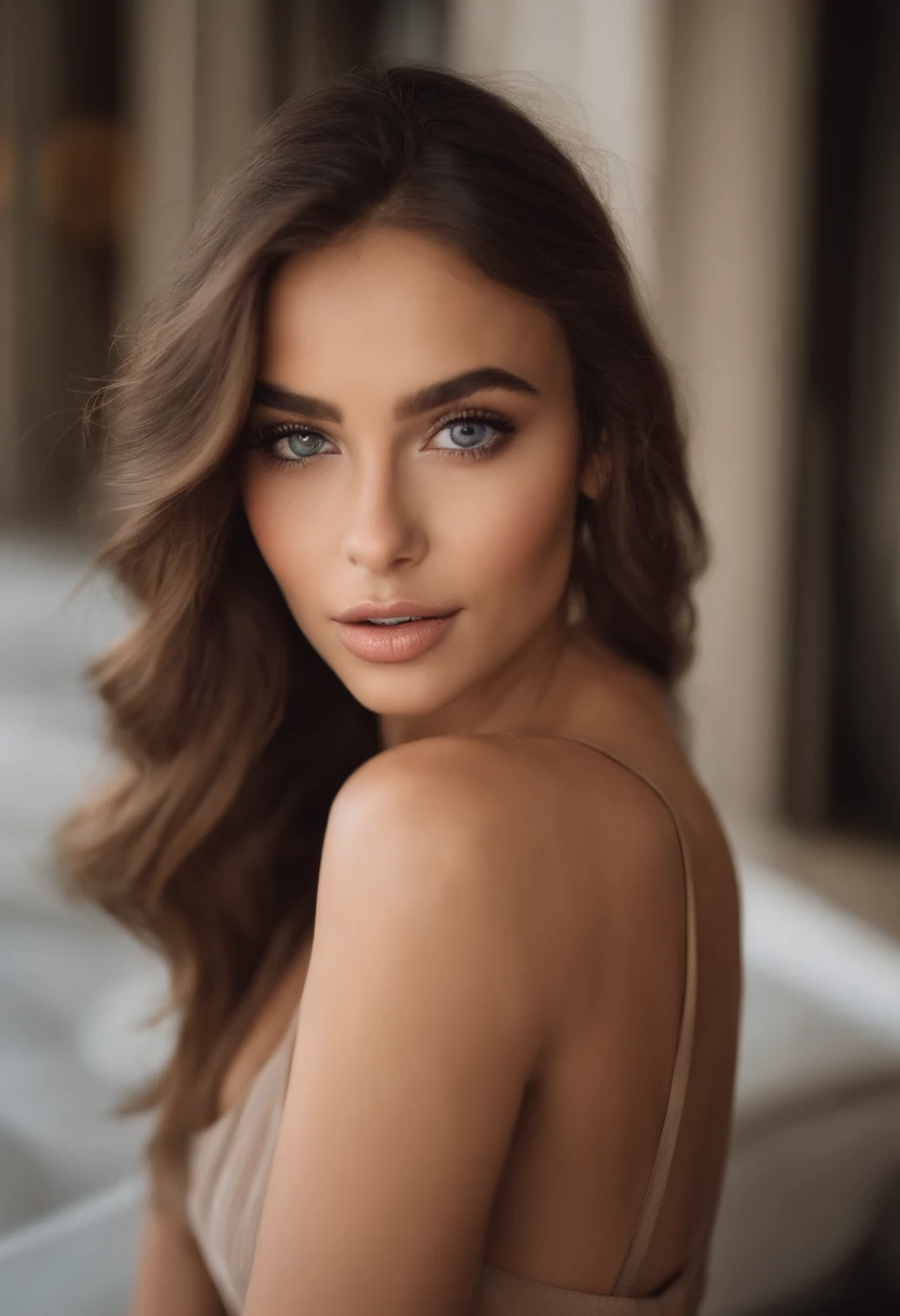 Mujeres totalmente apiladas , Chica sexy con ojos marrones, Un hiperrealista, Meticulosamente detallado, Retrato de Sophie Mudd, brown hair and big eyes, selfie de una mujer joven, violeta myers, sin maquillaje, Maquillaje Natural, Looking directly at the camera, cara con artgram, maquillaje sutil, Impresionantes tomas de cuerpo entero, en la ciudad, medium size bust、No uso nada en la parte superior de mi cuerpo..、Take off your bra、Medias negras