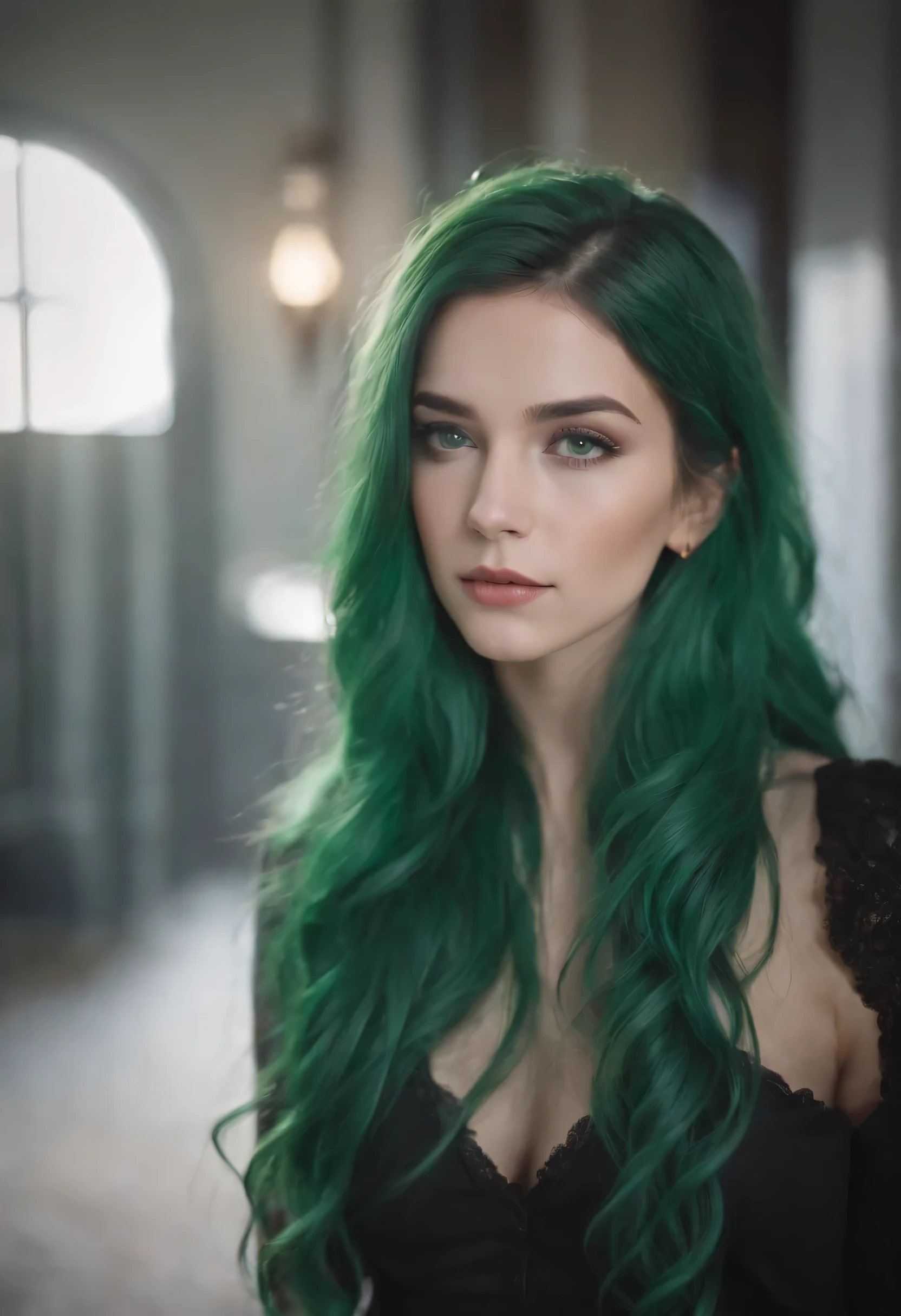 1girl, green hair, long hair, green eyes, portrait,
