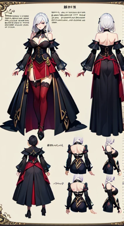 character reference sheet, character design, blade and soul character, 4k,1 woman, high quailty,highdetail,Role drawings,costume influenced by granado espada and blade and soul games, Information drawings,Entire body,British style,Knight women's clothing,More mature women,Silvery-white curls to the waist,Hairpins,tight corset,Lace trim,gauntlets, cleavage cleavage,Asymmetrical stockings,offical game artwork.