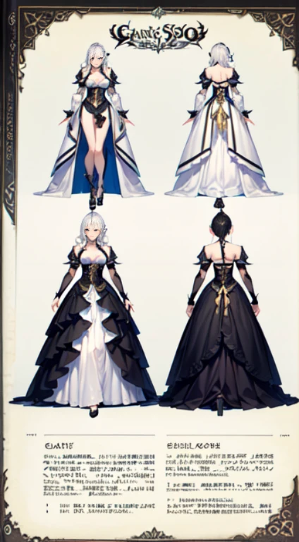 character reference sheet, character design, blade and soul character, 4k，1 woman, high quailty，highdetail，Role drawings，costume influenced by granado espada and blade and soul games, Information drawings，Entire body，British style，Knight women's clothing，More mature women，Silvery-white curls to the waist，Hairpins，tight corset，Lace trim，gauntlets, cleavage cleavage，Asymmetrical stockings，offical game artwork.