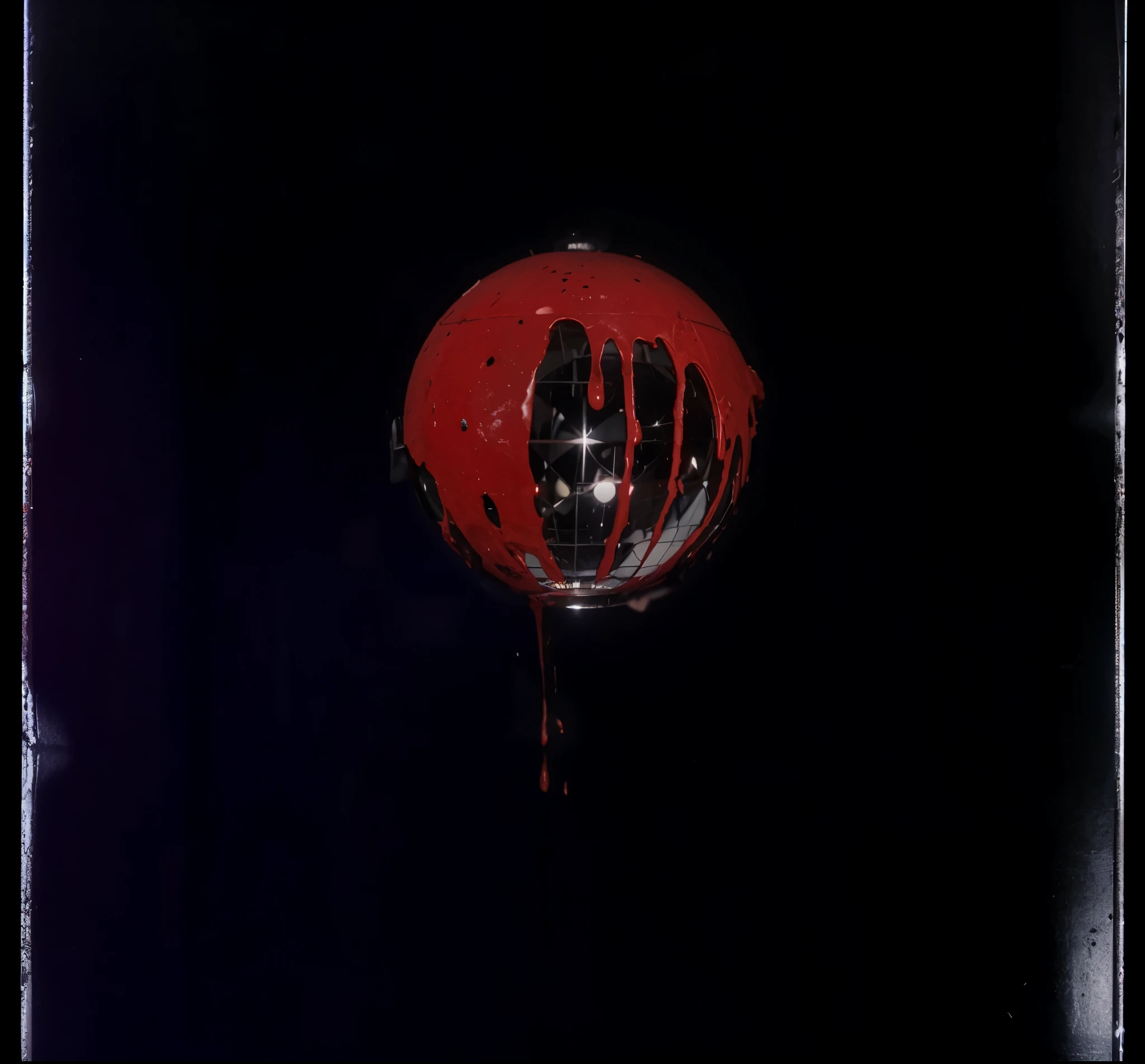 cinematic, a disco ball with blood dripping off of it surrounded by black void, 4K high resolution