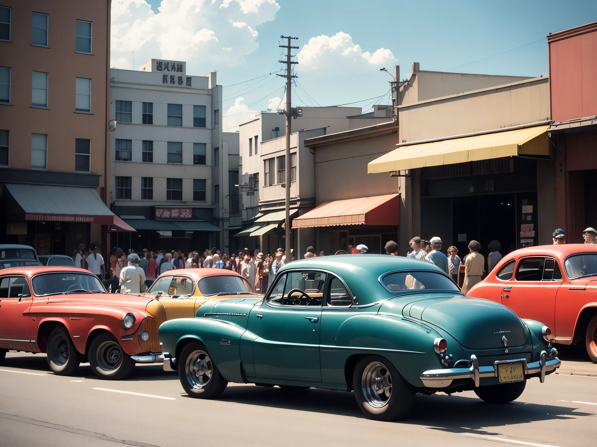 cars are lined up on the side of the road as people walk by, hotrods driving down a street, 5 hotrods driving down a street, photo in color, color footage, colorized, kodakchrome : : 8 k, vintage footage on tokyo streets, a colorized photo, colorized photo, colourized, colorized background, vintage footage