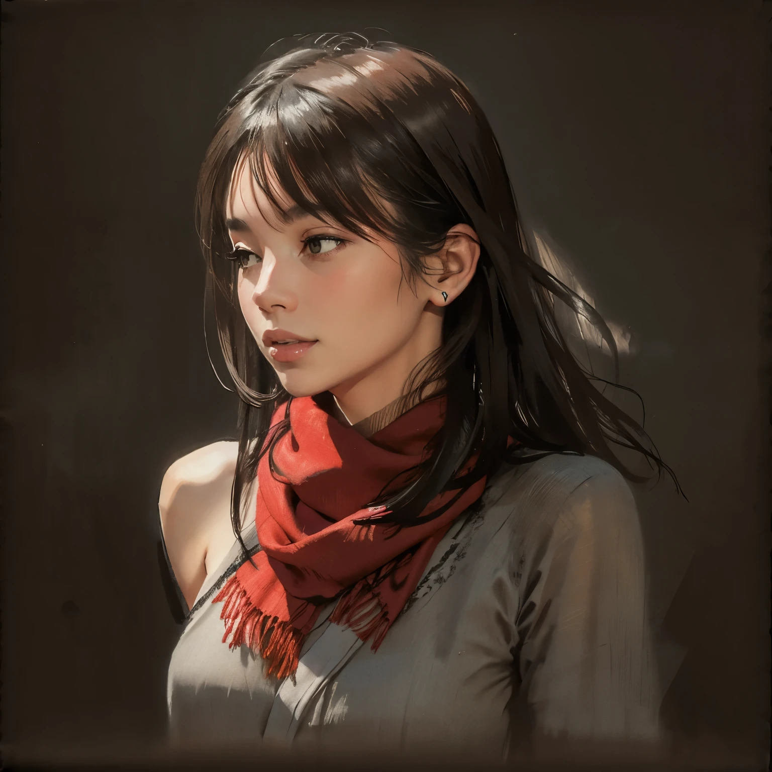 Sketch of 1 beautiful woman in rough charcoal on old cracked paper, quick taylor, pose sedutora, your cascading crimson scarf, arte de linha limpa